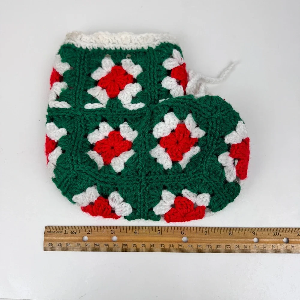 Vtg Small‎ Granny Square Red Green White Yarn Christmas Holiday Stocking Decor